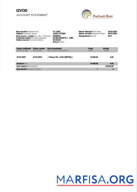 Blank Slovenia ProCredit bank account statement word download for verification